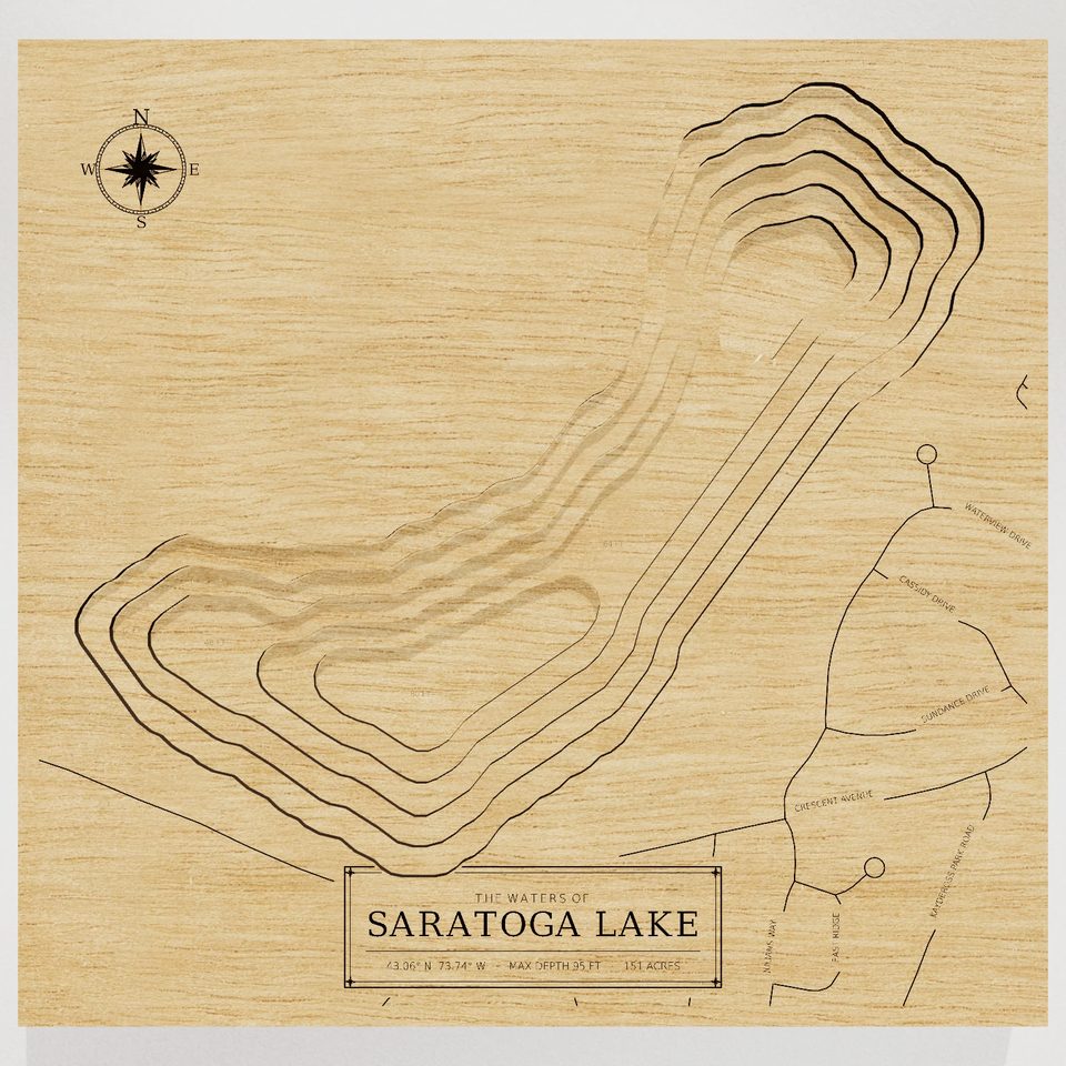 Saratoga Lake 3D wood map, front view