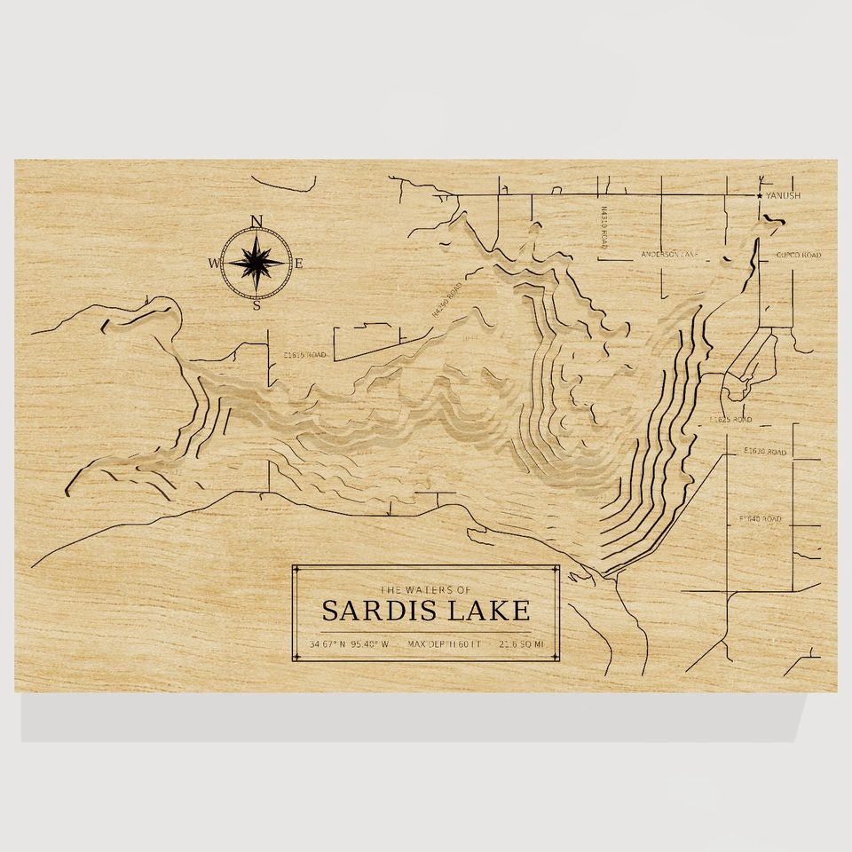 Sardis Lake 3D wood map, front view