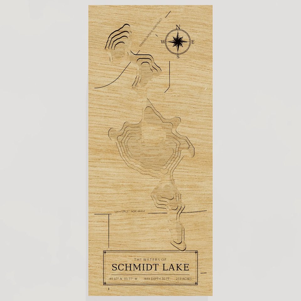 Schmidt Lake 3D wood map, front view