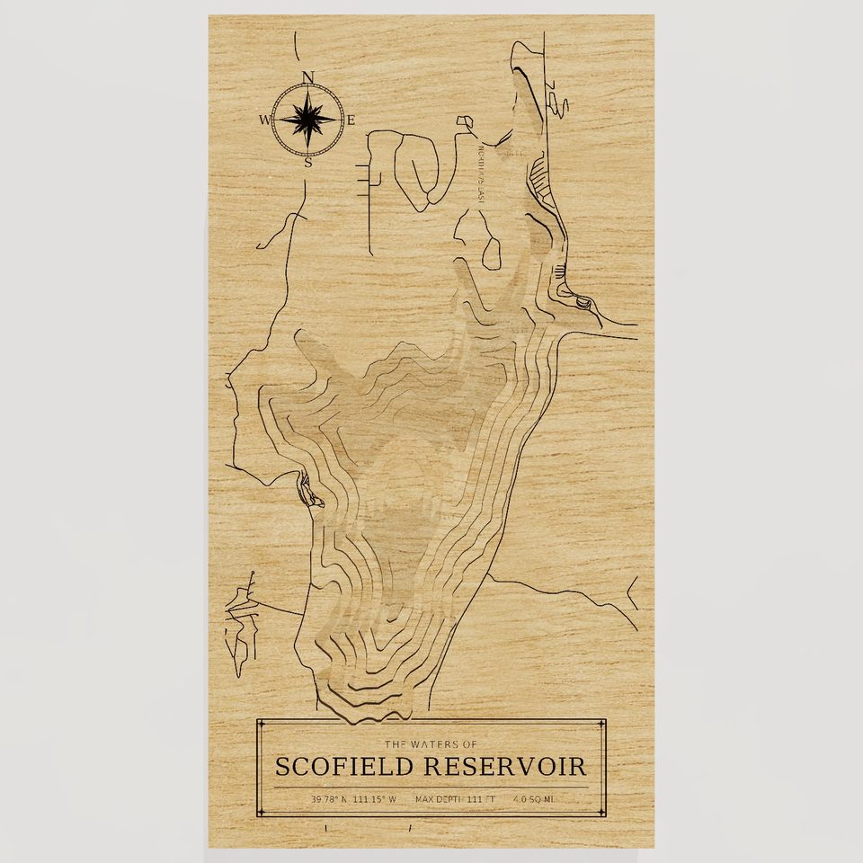 Scofield Reservoir 3D wood map, front view