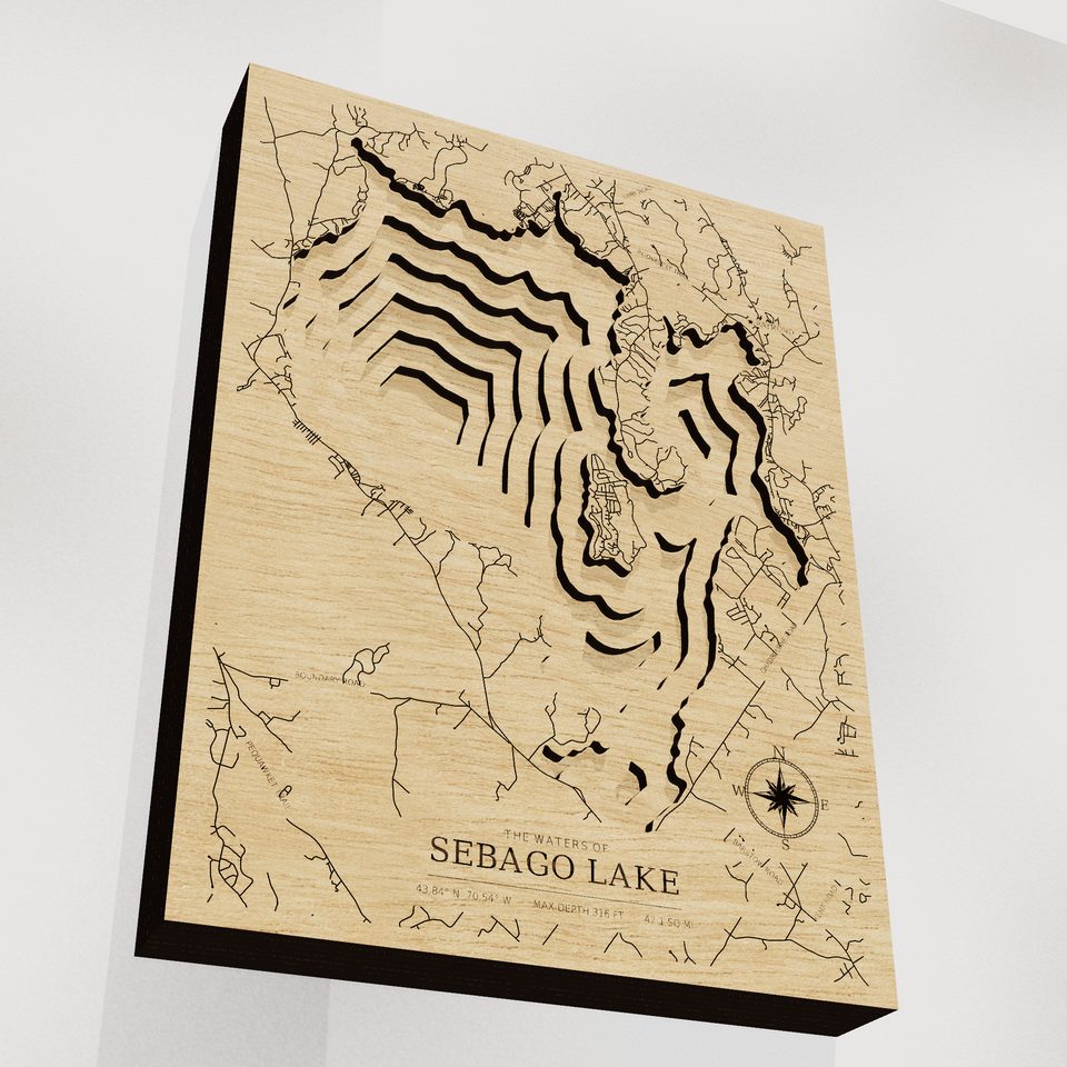 Sebago Lake 3D wood map, angle low view