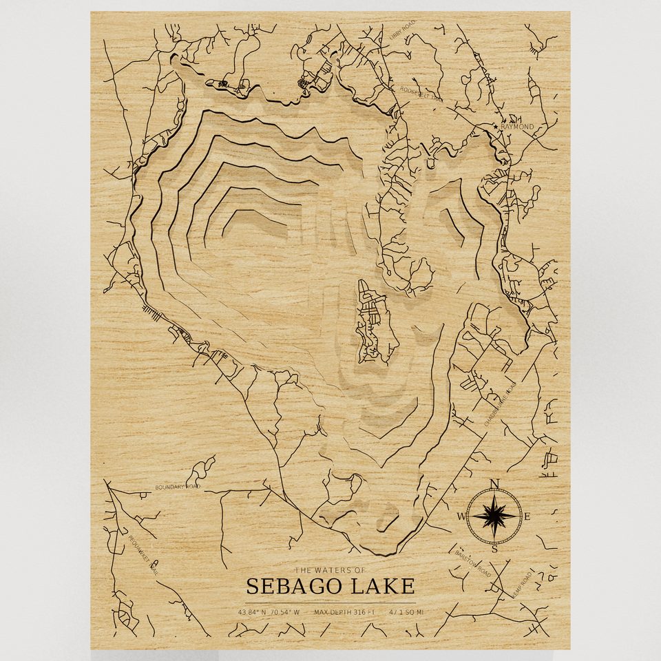Sebago Lake 3D wood map, front view