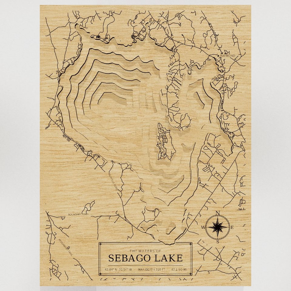 Sebago Lake 3D wood map, front view