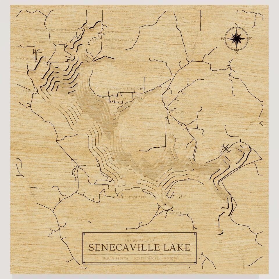 Senecaville Lake 3D wood map, front view