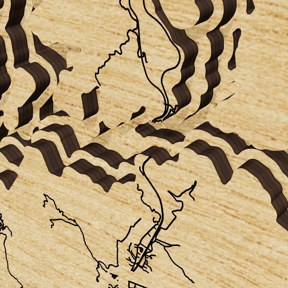Shasta Lake 3D wood map, detail view