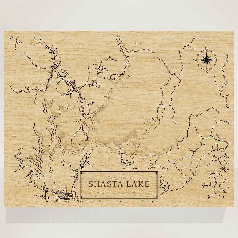 Shasta Lake 3D wood map, front view