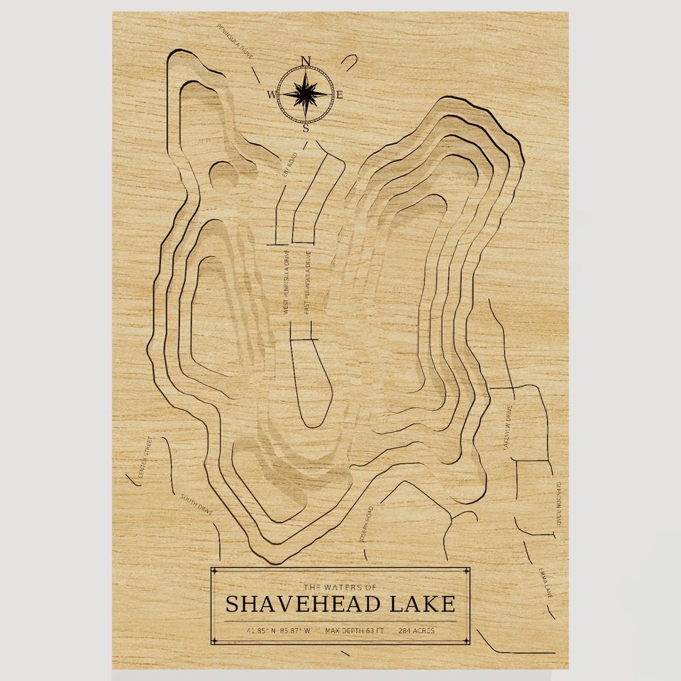 Shavehead Lake 3D wood map, front view