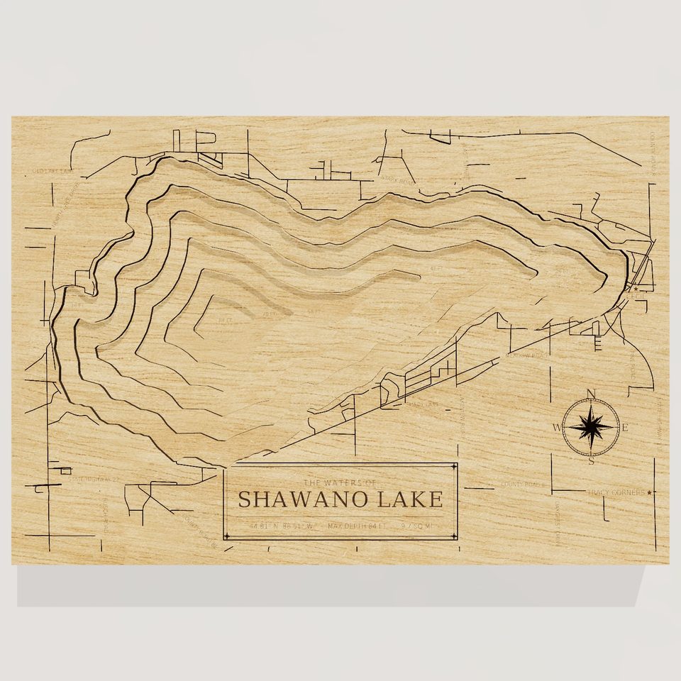 Shawano Lake 3D wood map, front view