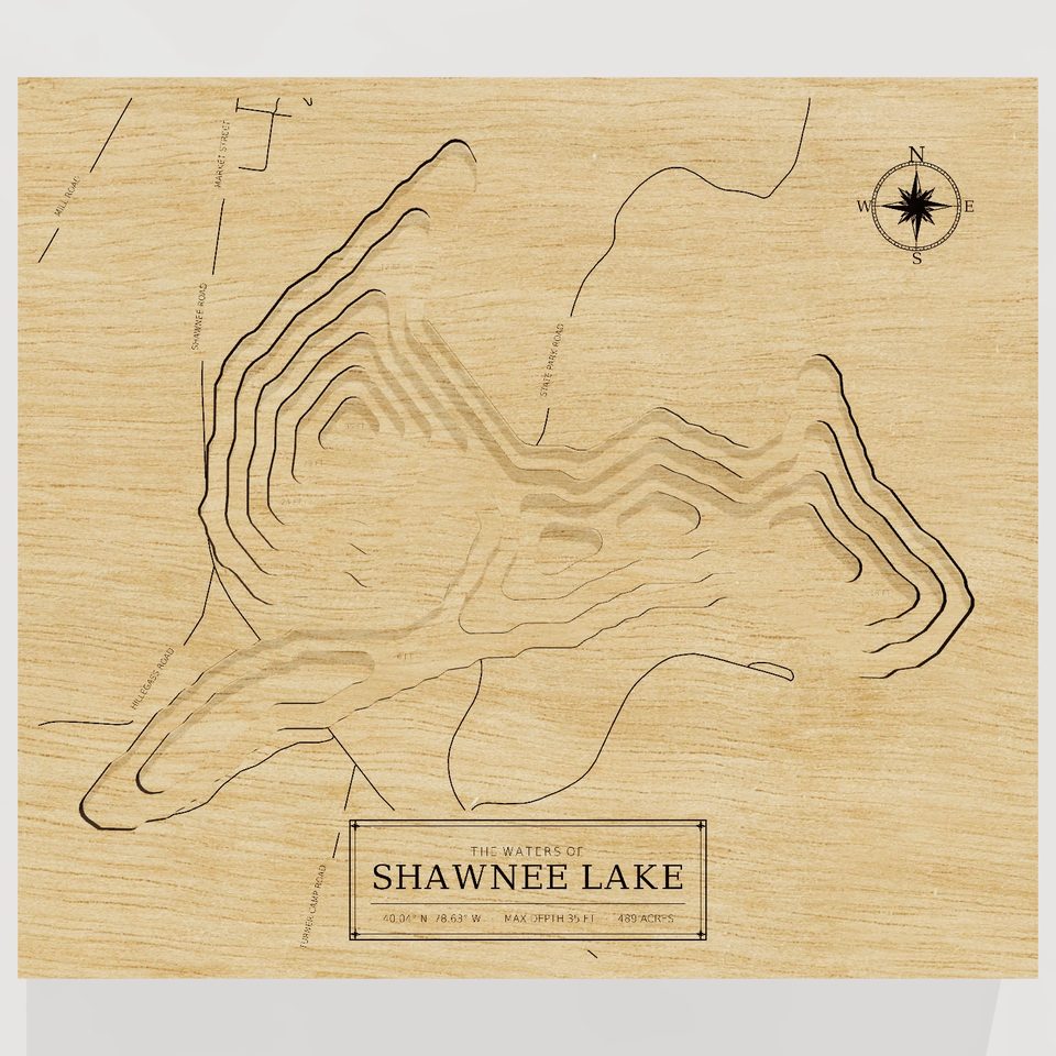 Shawnee Lake 3D wood map, front view