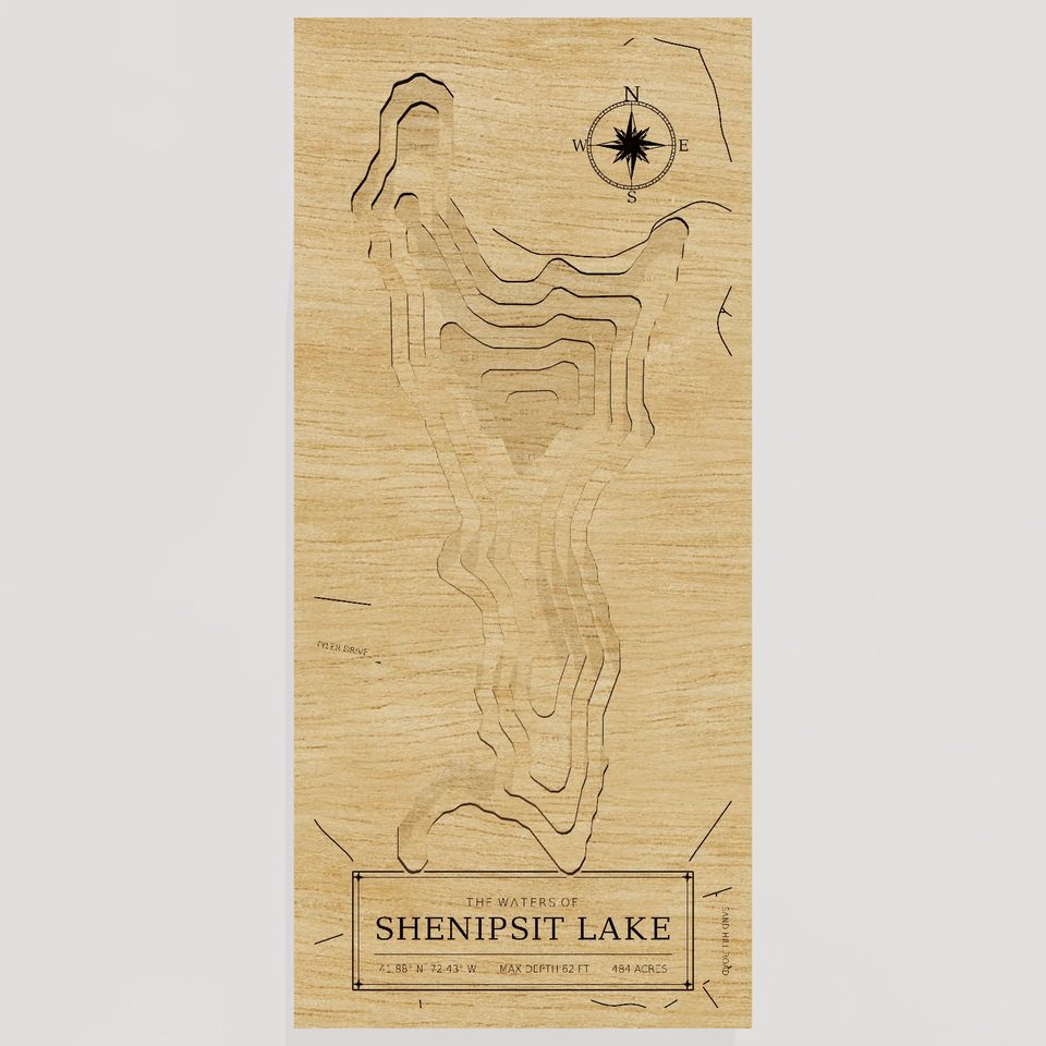 Shenipsit Lake 3D wood map, front view