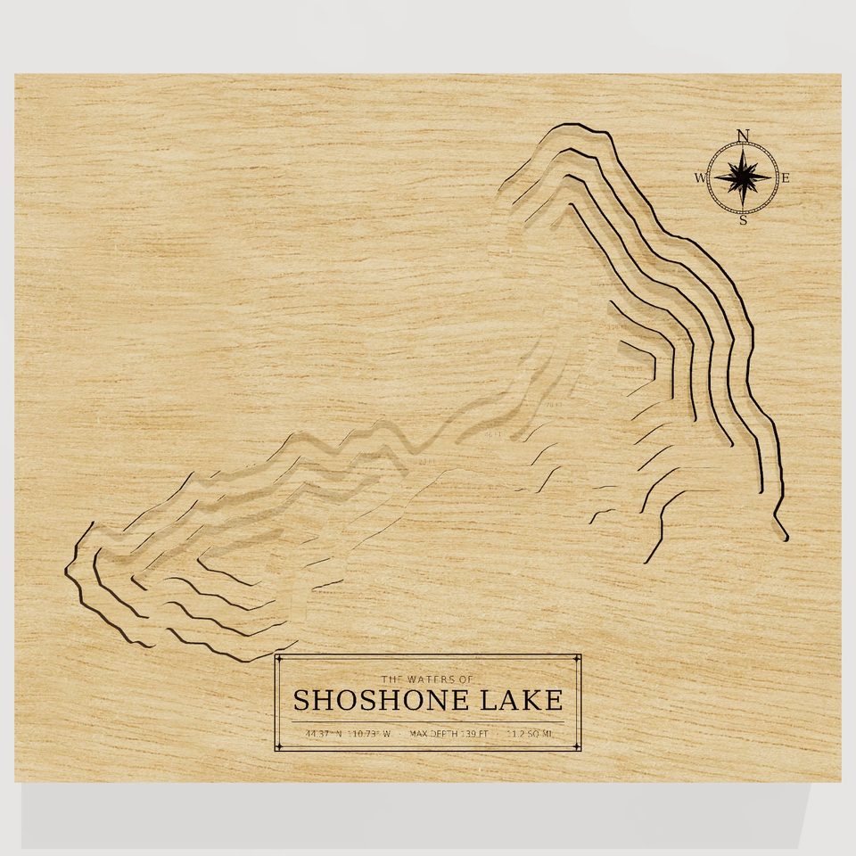 Shoshone Lake 3D wood map, front view