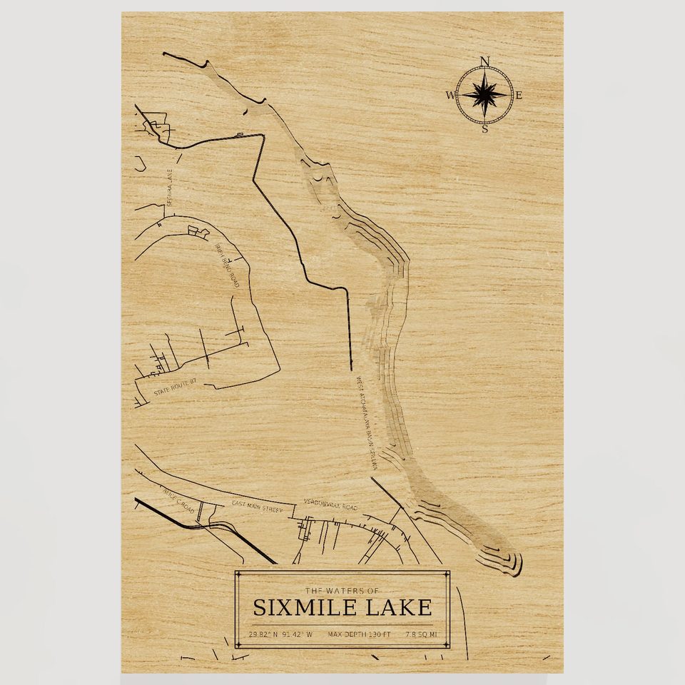 Sixmile Lake 3D wood map, front view