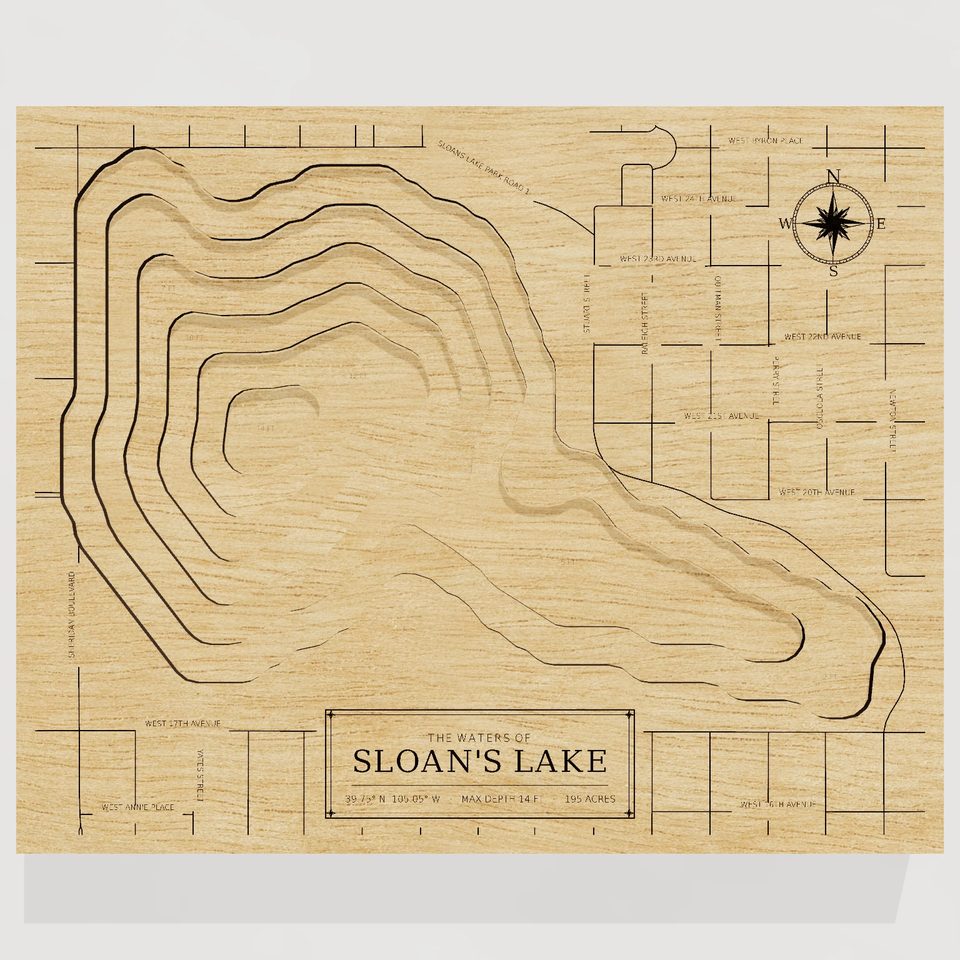 Sloan's Lake 3D wood map, front view