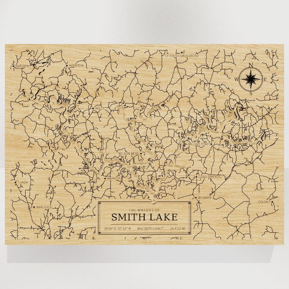 Smith Lake 3D wood map, front view