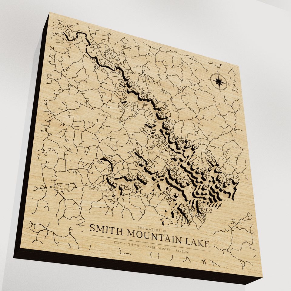 Smith Mountain Lake 3D wood map, angle low view
