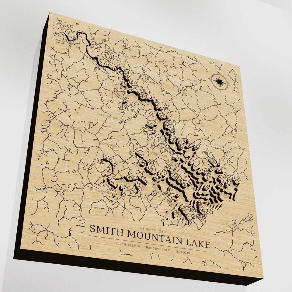 Smith Mountain Lake 3D wood map, angle low view