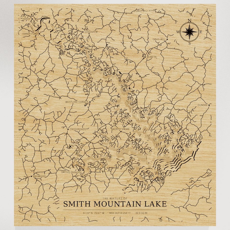 Smith Mountain Lake 3D wood map, front view