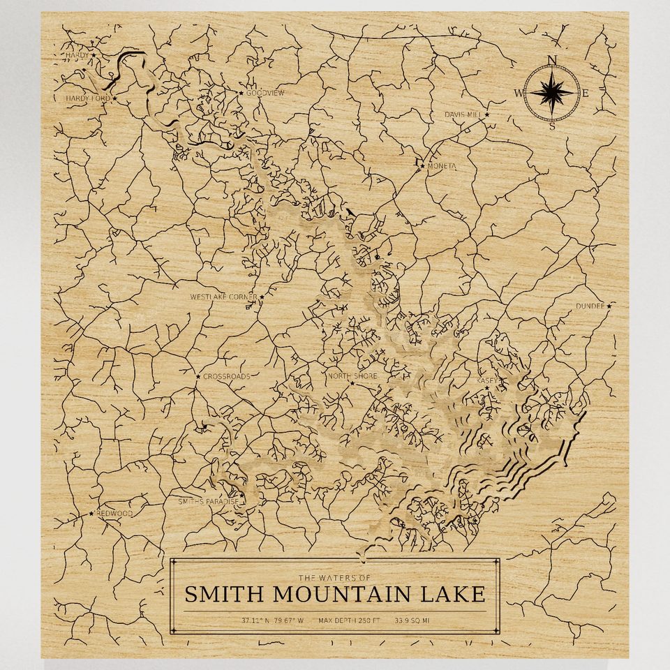 Smith Mountain Lake 3D wood map, front view