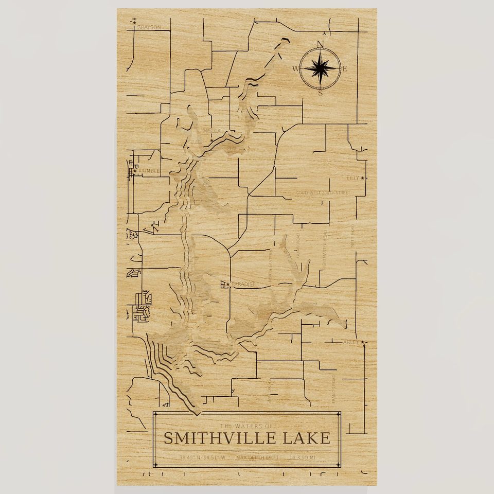Smithville Lake 3D wood map, front view