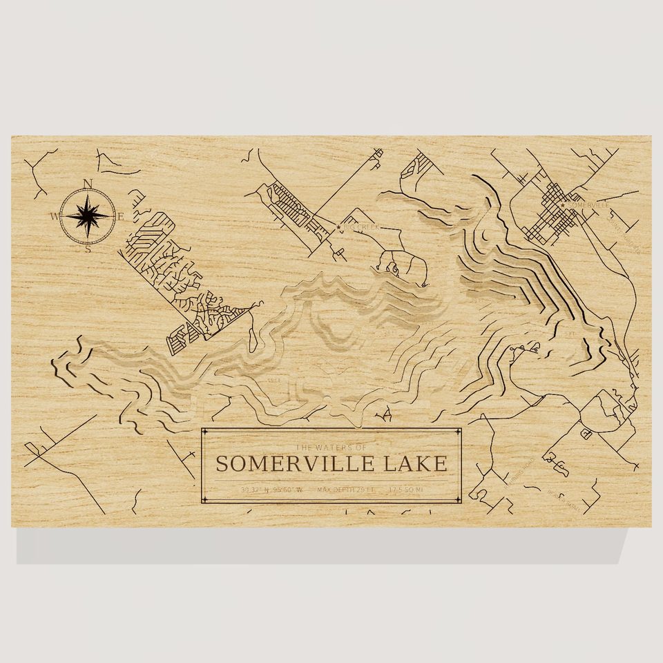 Somerville Lake 3D wood map, front view