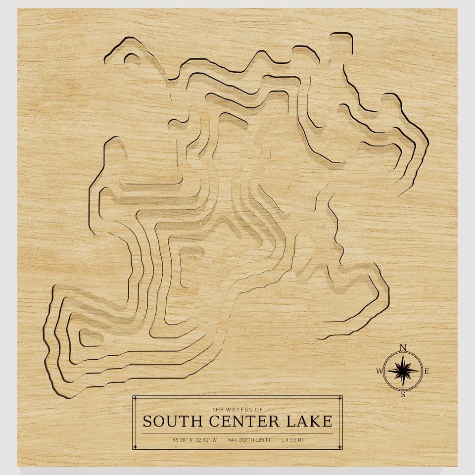 South Center Lake 3D wood map, front view