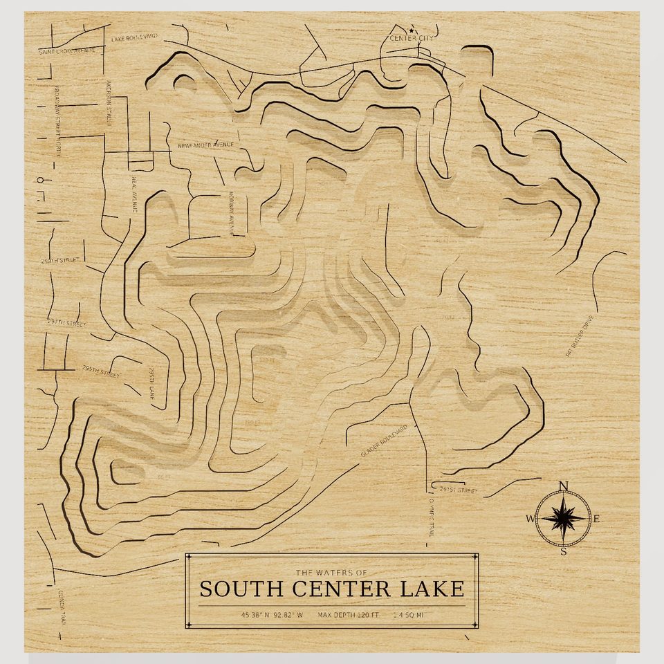 South Center Lake 3D wood map, front view