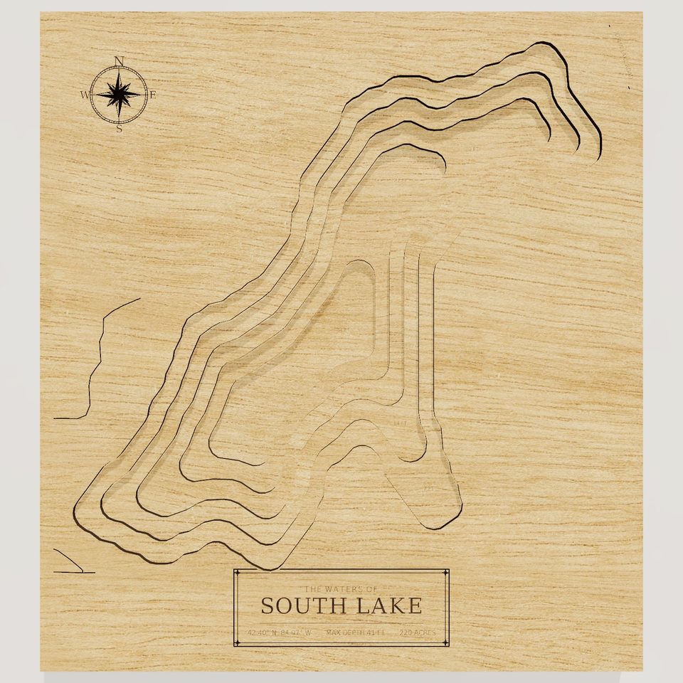 South Lake 3D wood map, front view