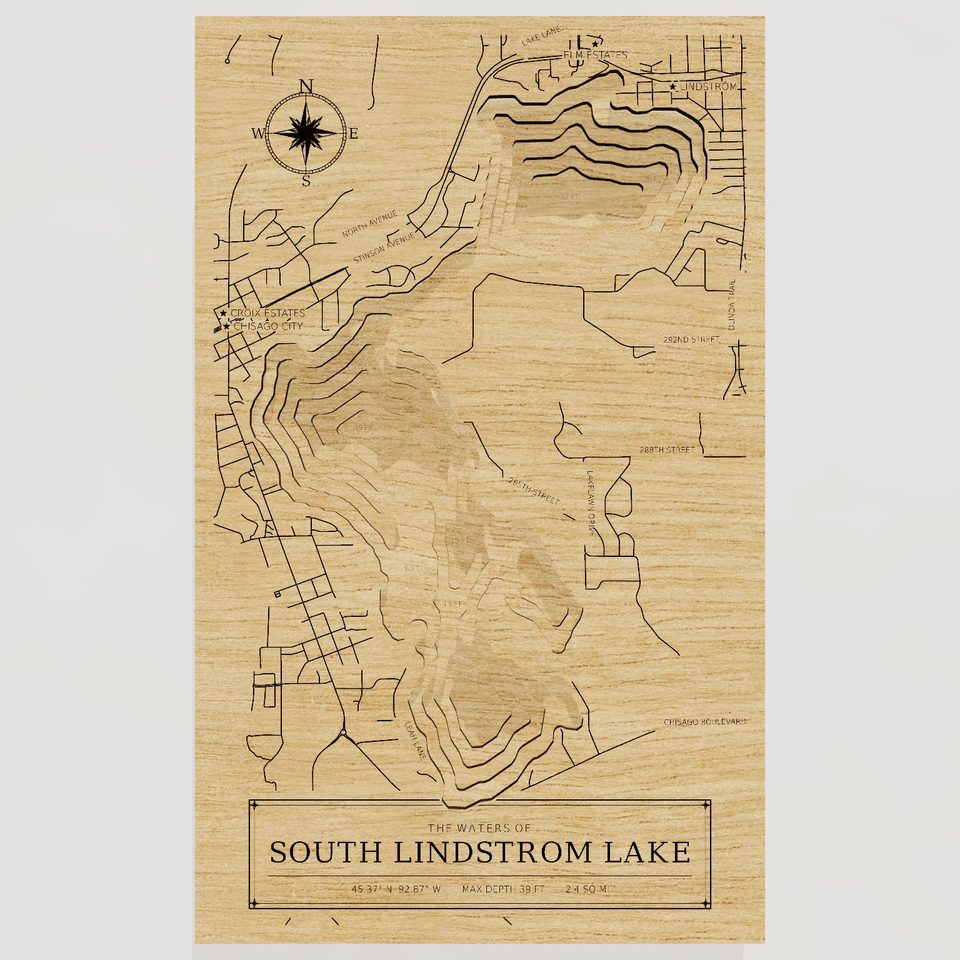 South Lindstrom Lake 3D wood map, front view