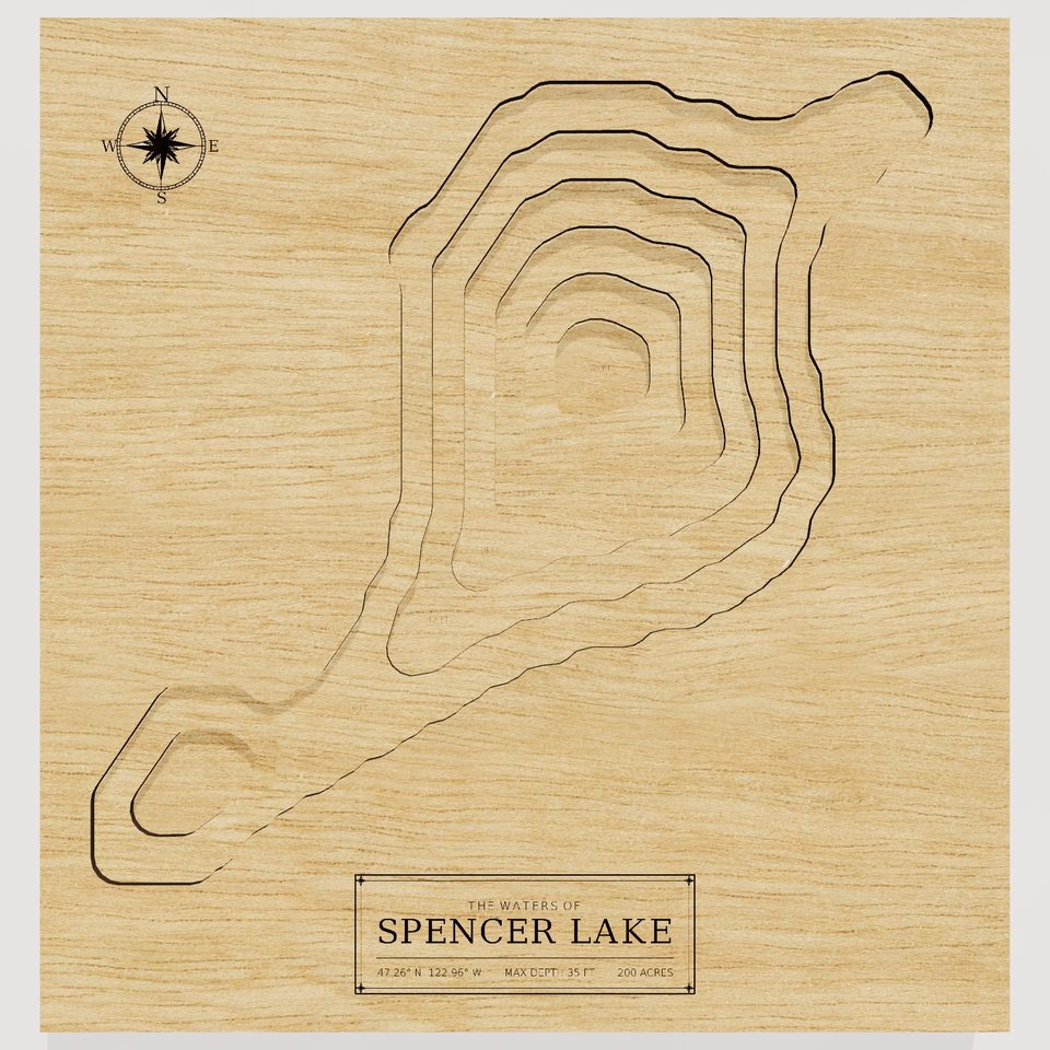 Spencer Lake 3D wood map, front view