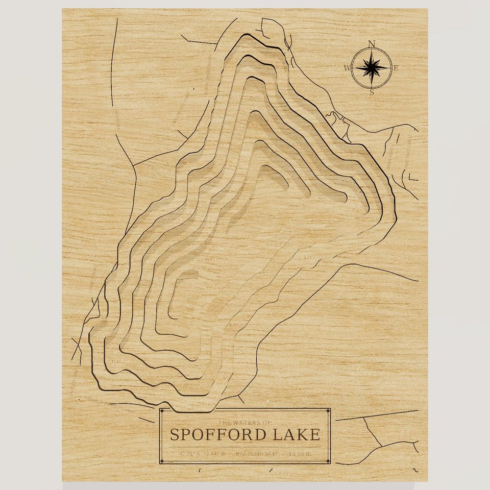 Spofford Lake 3D wood map, front view