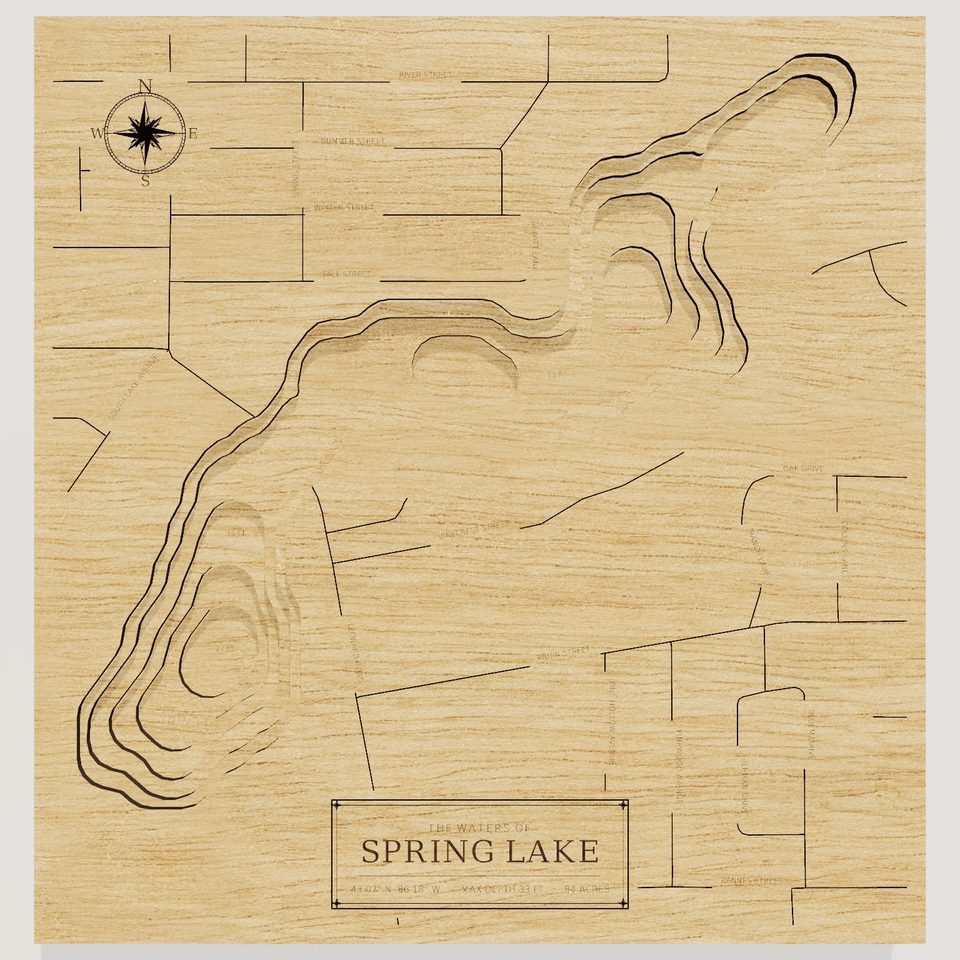 Spring Lake 3D wood map, front view