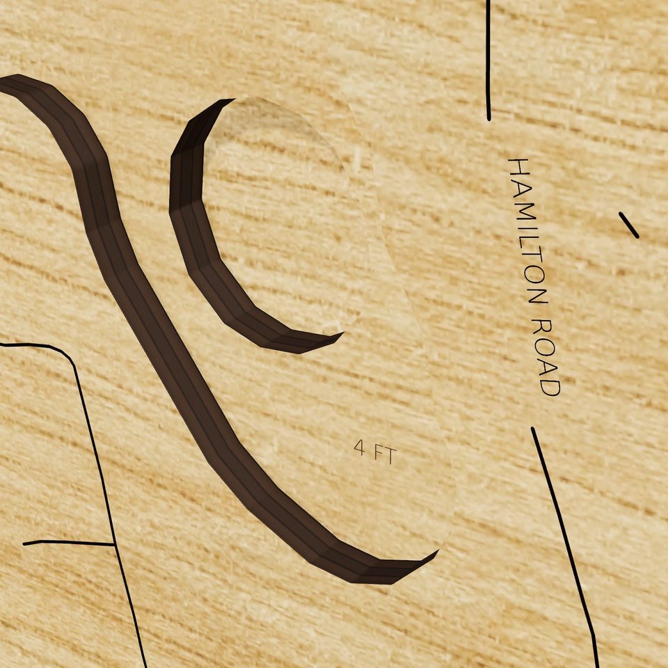 Spy Pond 3D wood map, detail view