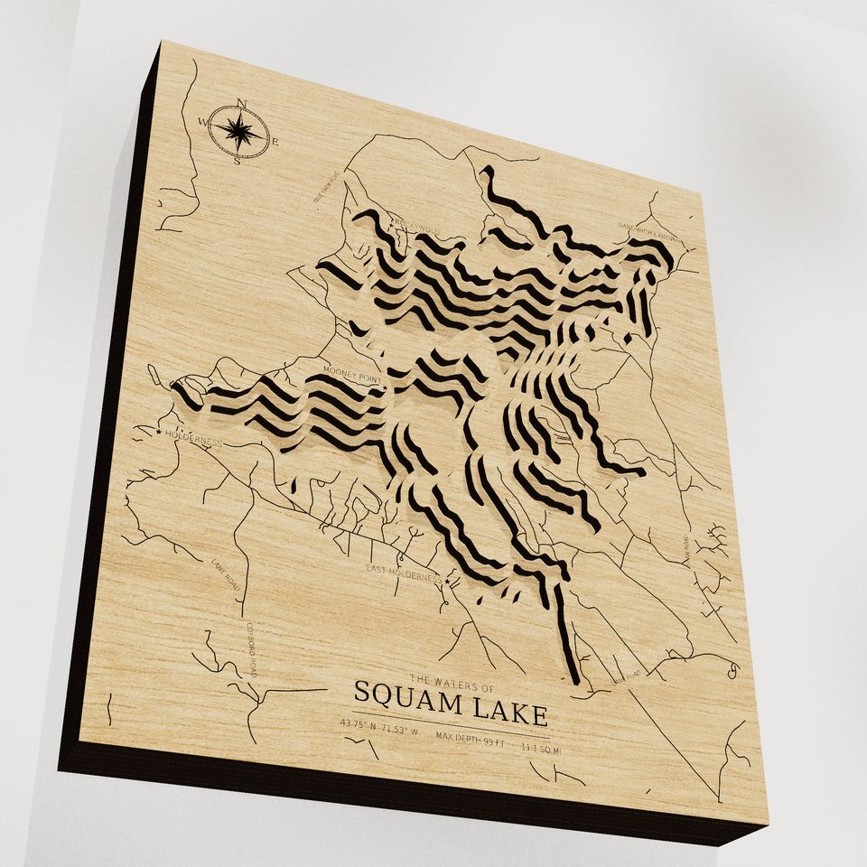 Squam Lake 3D wood map, angle low view