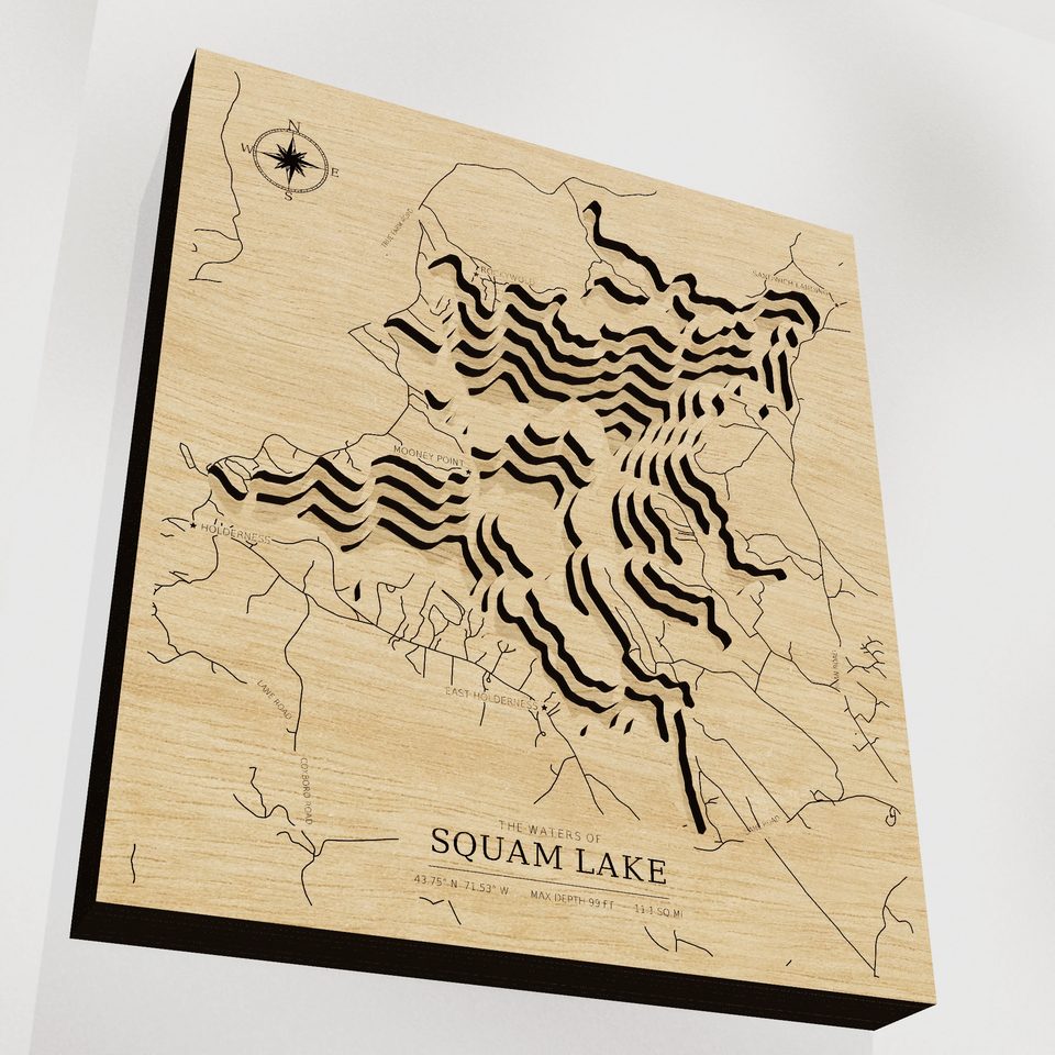Squam Lake 3D wood map, angle low view