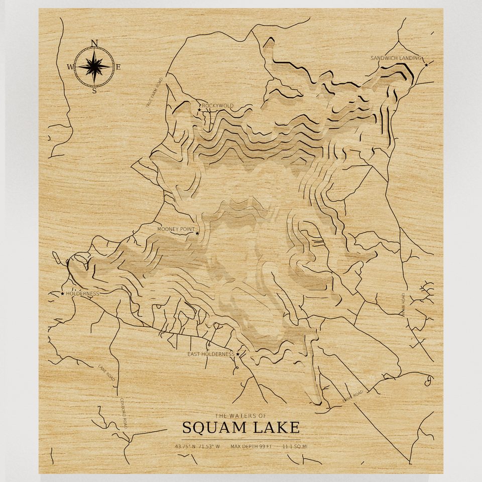 Squam Lake 3D wood map, front view
