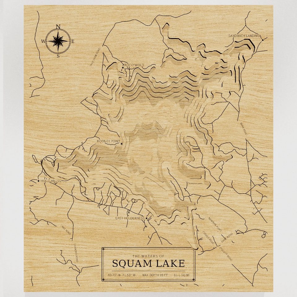 Squam Lake 3D wood map, front view
