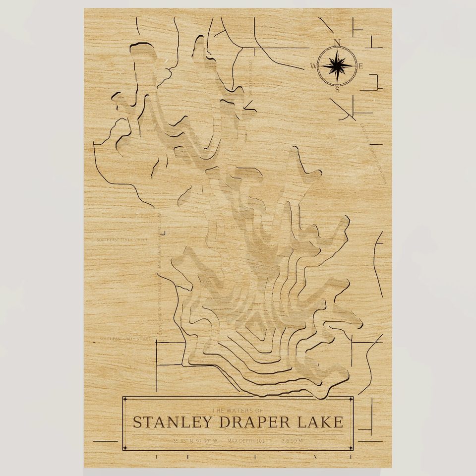 Stanley Draper Lake 3D wood map, front view