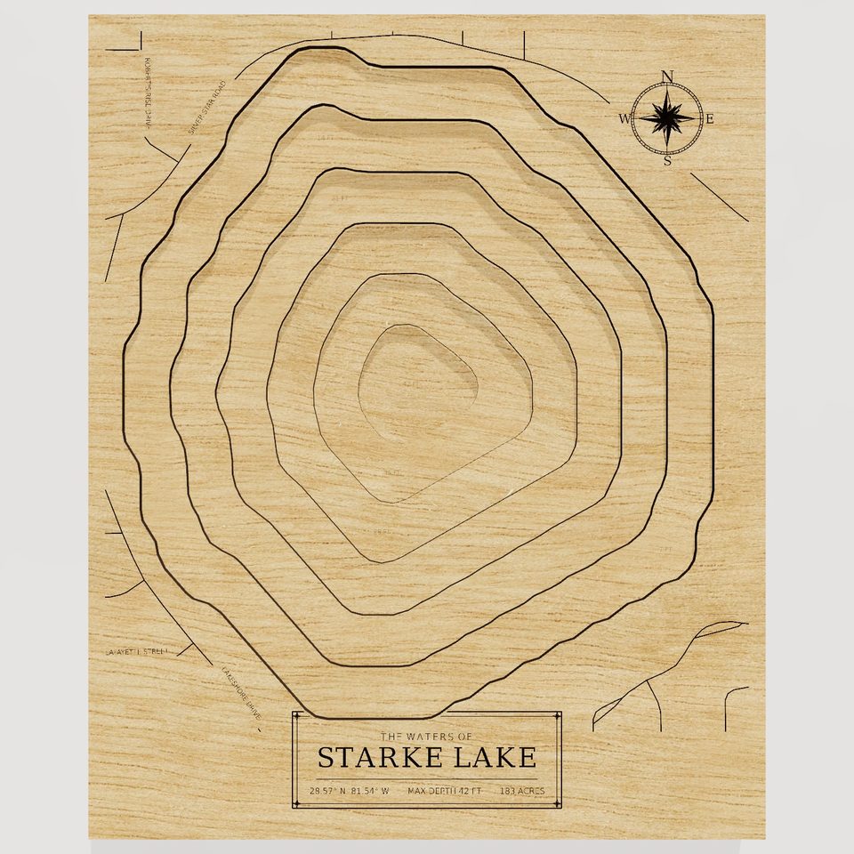 Starke Lake 3D wood map, front view