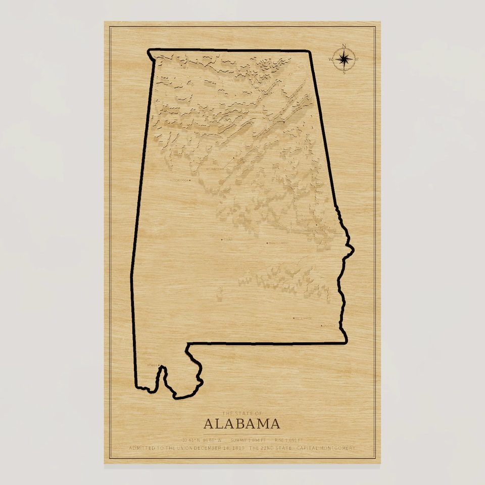 Alabama carved relief map, front view