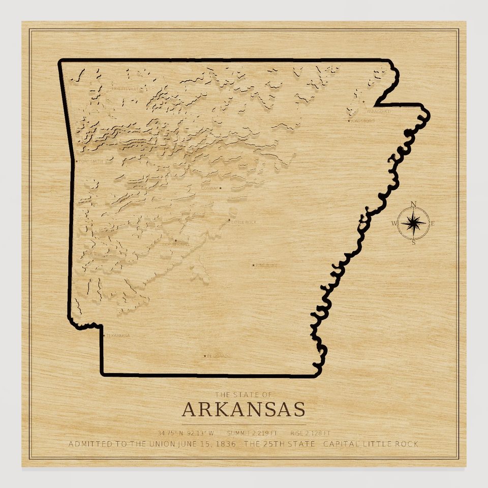 Arkansas carved relief map, front view