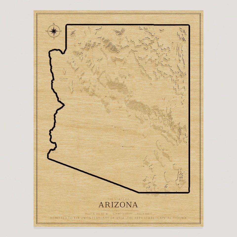 Arizona carved relief map, front view