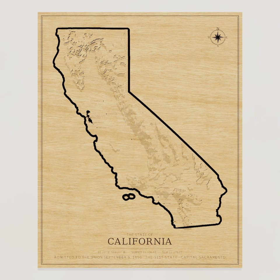California carved relief map, front view