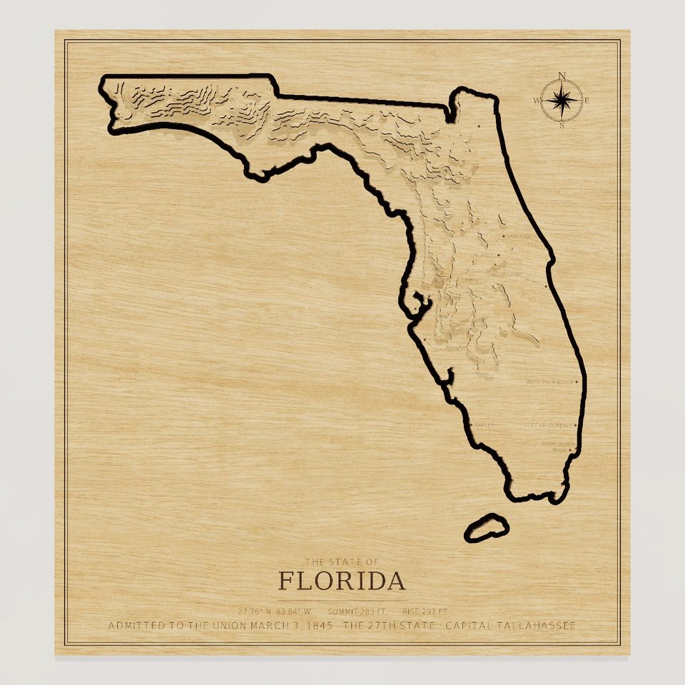Florida carved relief map, front view