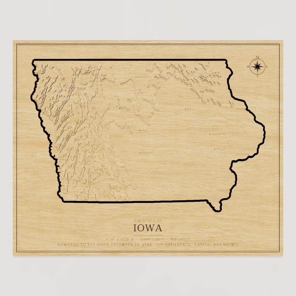 Iowa carved relief map, front view