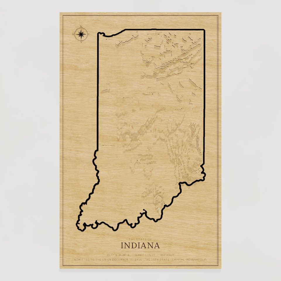 Indiana carved relief map, front view