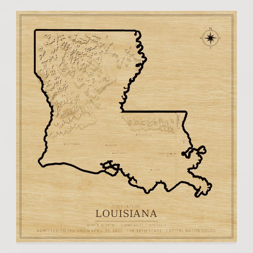 Louisiana carved relief map, front view