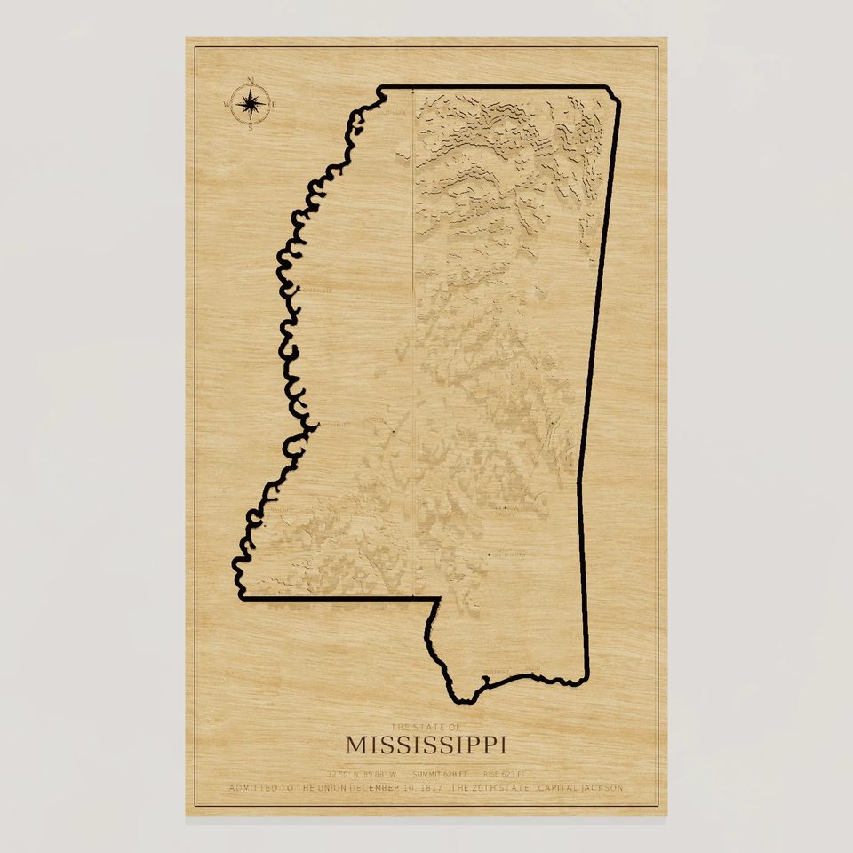 Mississippi carved relief map, front view