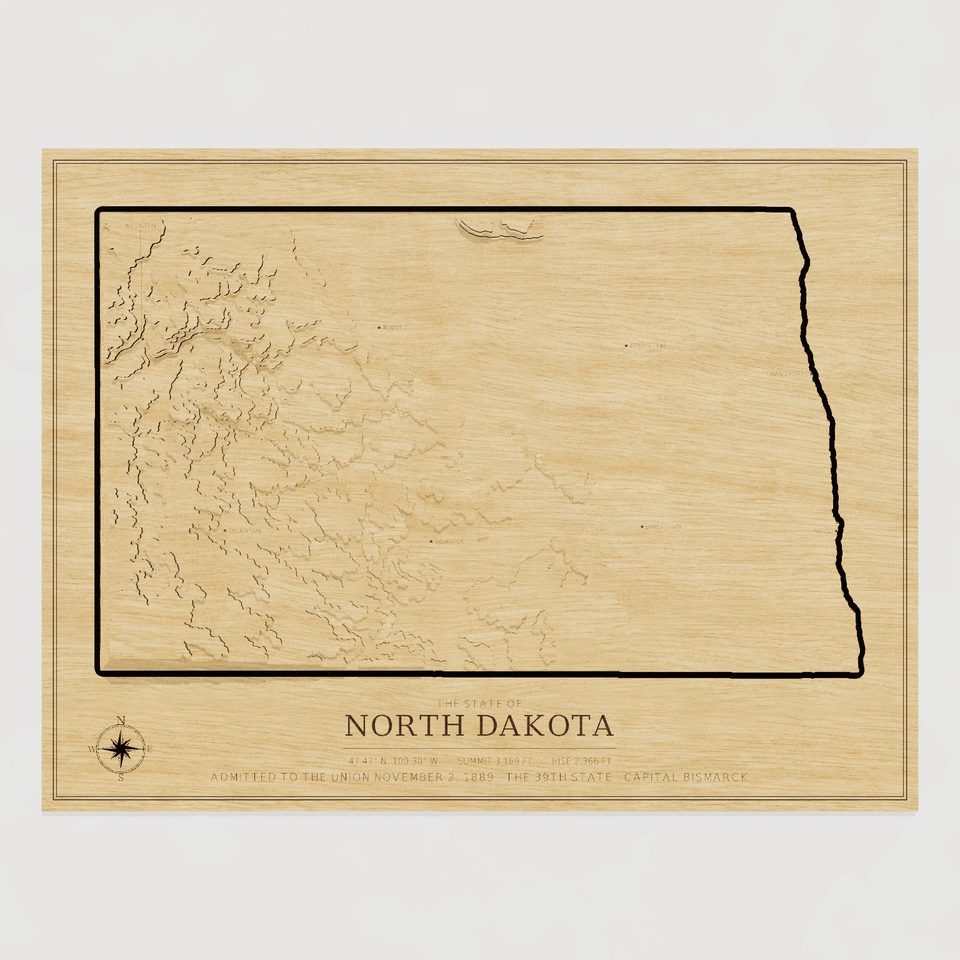 North Dakota carved relief map, front view