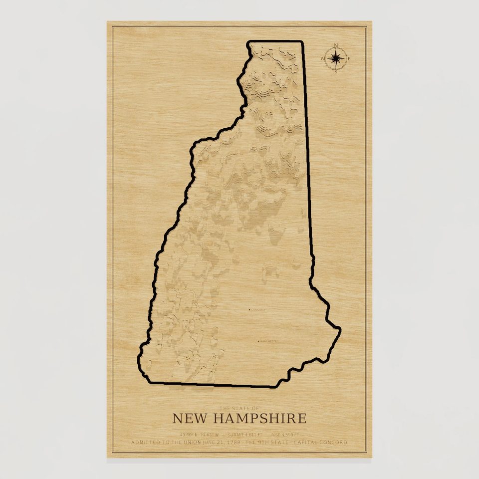 New Hampshire carved relief map, front view