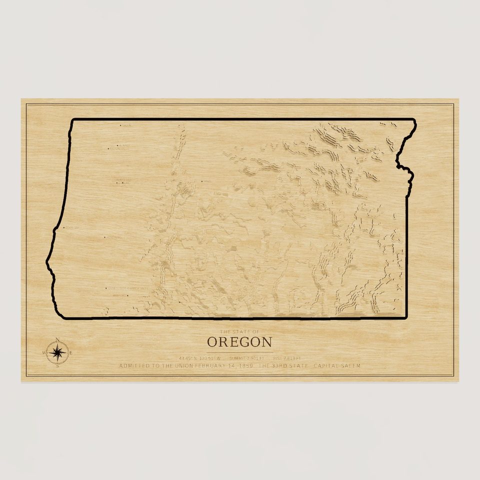 Oregon carved relief map, front view